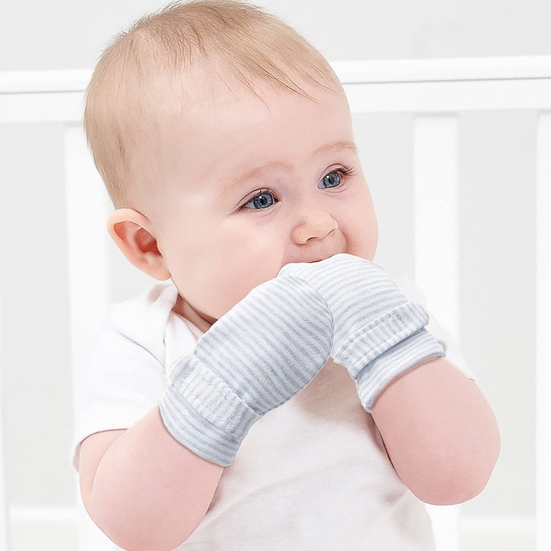 Reyow Newborn Baby No Scratch Mittens Stay On, 100% Cotton Breathable, Adjustable Infant Gloves for Baby Boys Girls Mittens (Khaki/Blue/Gary Stripe, 0-3 Months) - Image 4